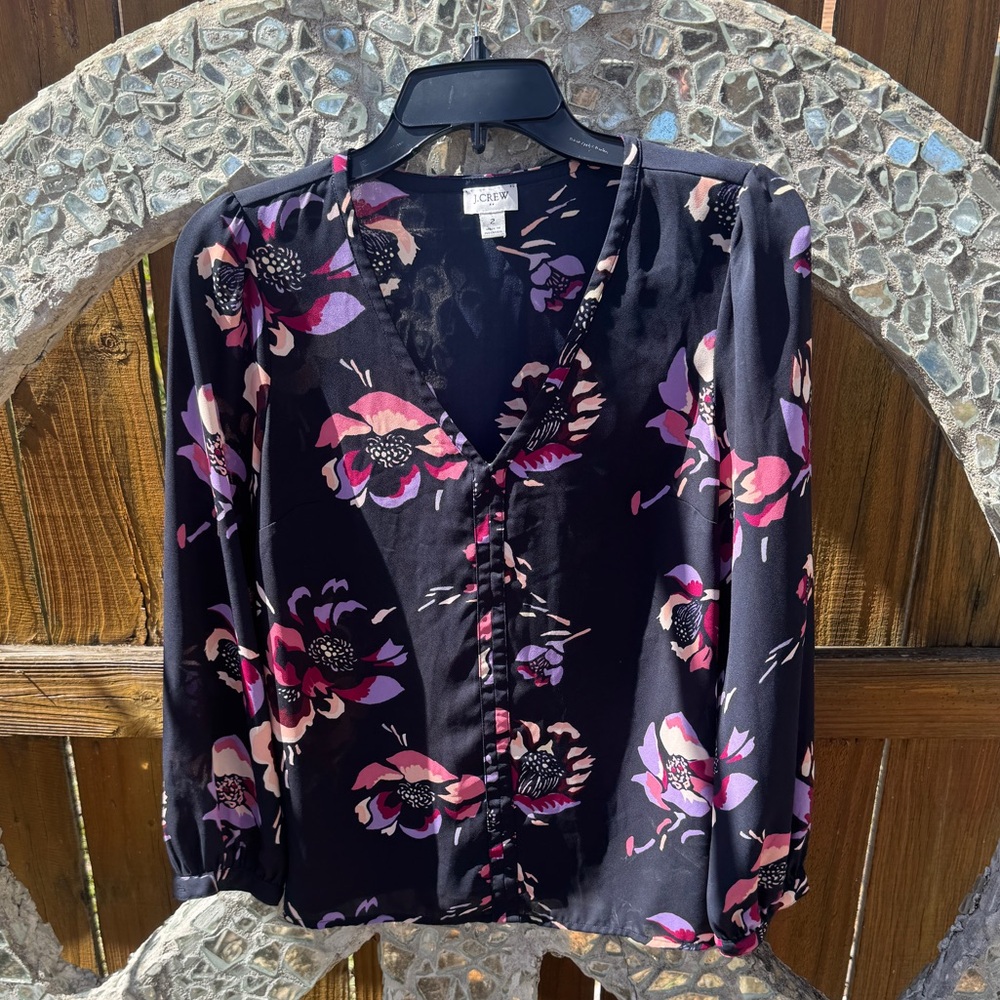 J. Crew Black and Pink Floral Blouse. Size 2